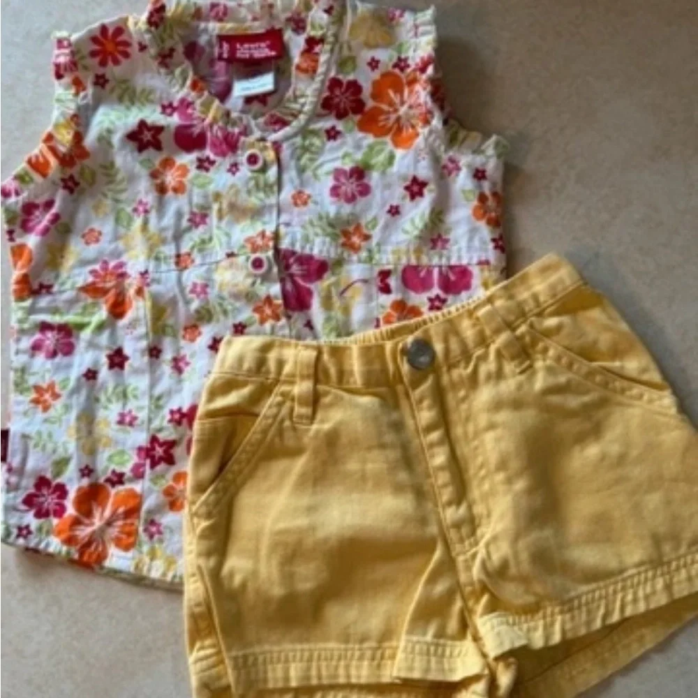 Children's Floral Button-Front Top & Yellow Shorts Set